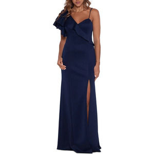 Xscape Ruffled Evening Maxi Dress One Shoulder Navy Blue, size 12